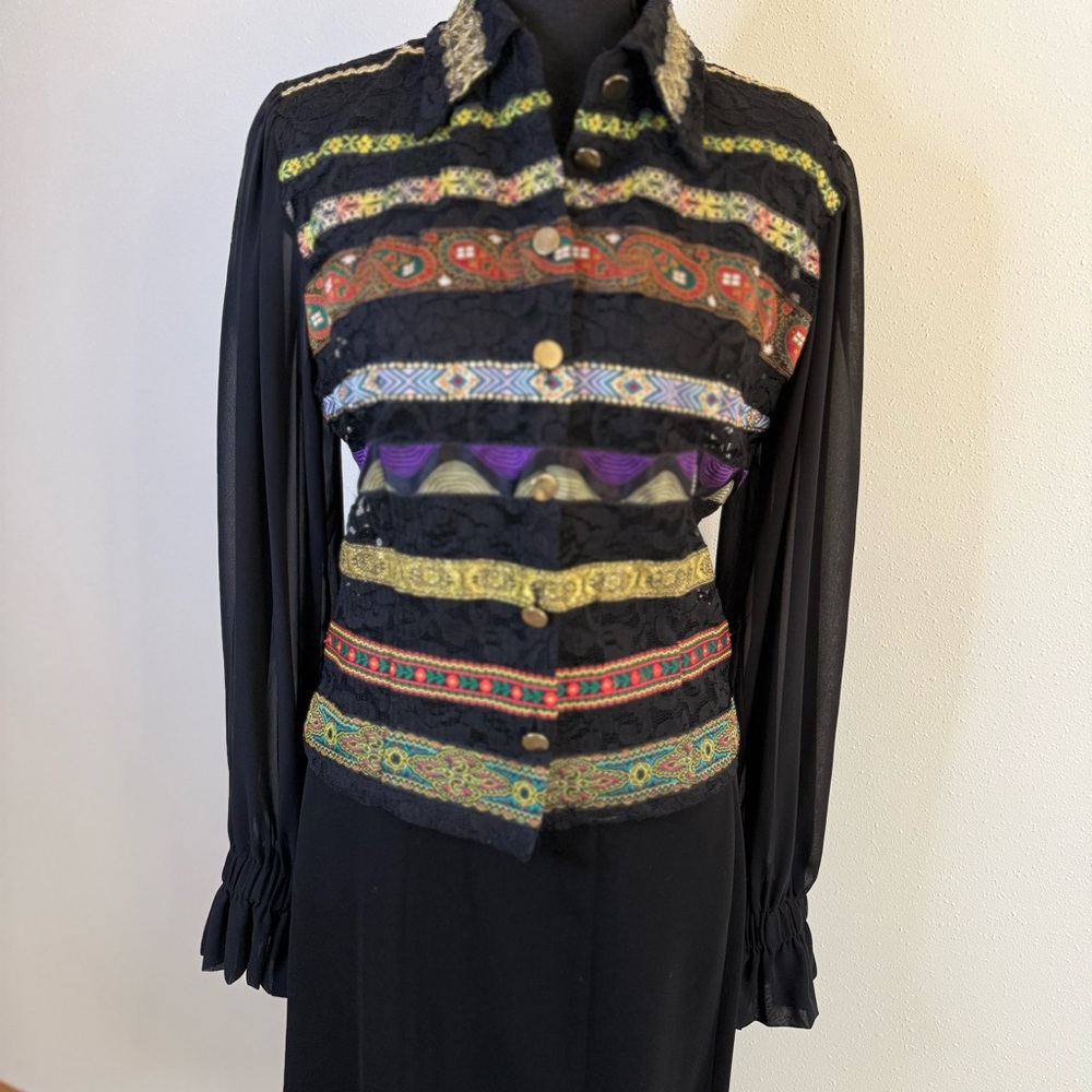 Vintage The Limited Lace Blouse Embroidered Sheer Sleeve Y2K M